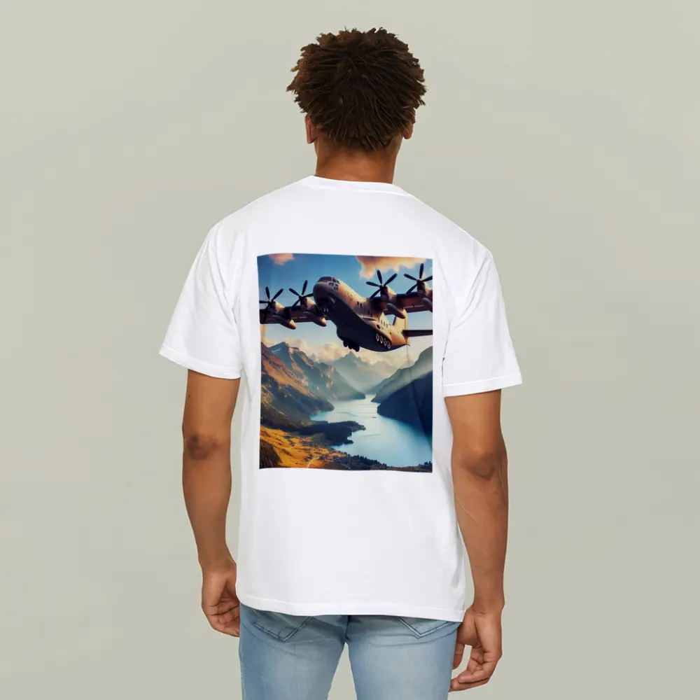 Military Cargo Plane Flying Over Mountain Lake – T-Shirts