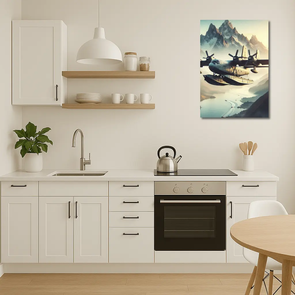 Flying Boat Seaplane Over Mountain Lake – Wall Art