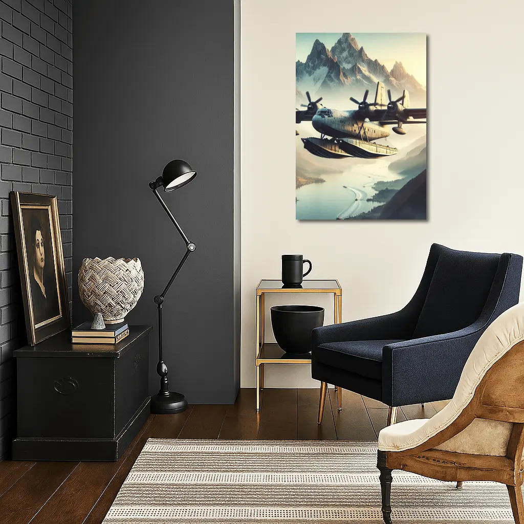 Flying Boat Seaplane Over Mountain Lake – Wall Art