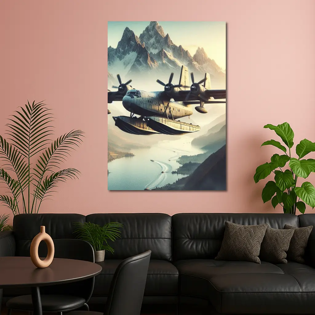 Flying Boat Seaplane Over Mountain Lake – Wall Art