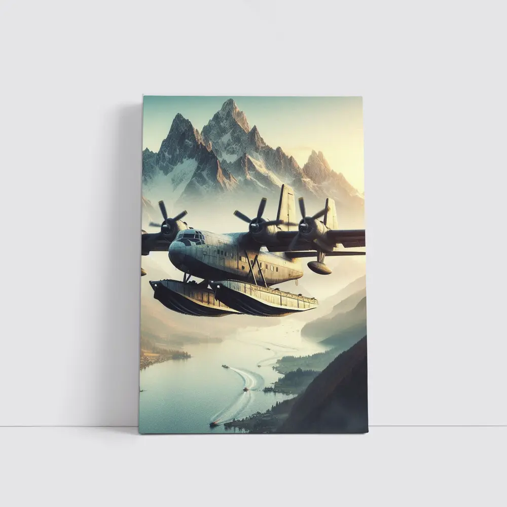 Flying Boat Seaplane Over Mountain Lake – Wall Art