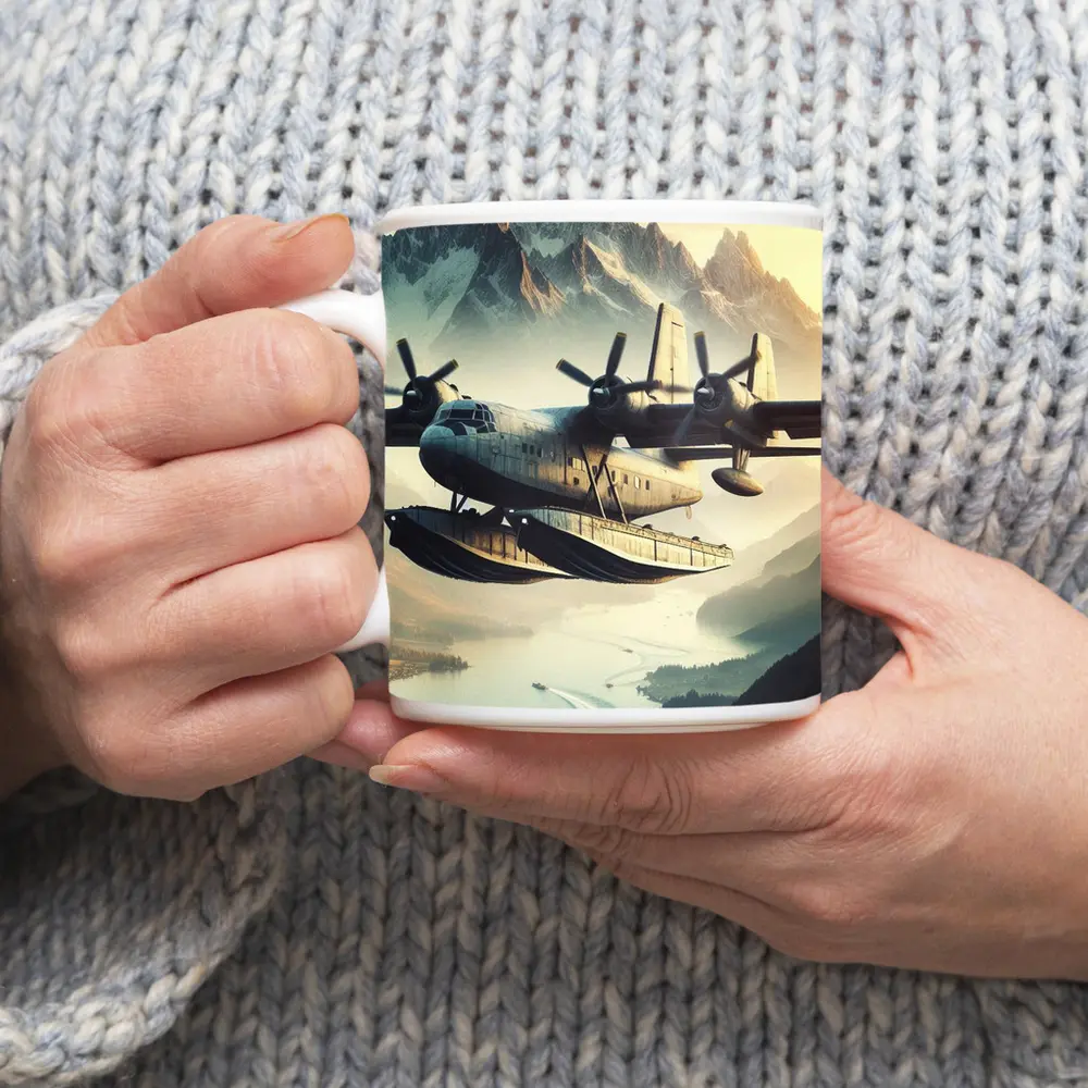 Flying Boat Seaplane Over Mountain Lake – Mugs