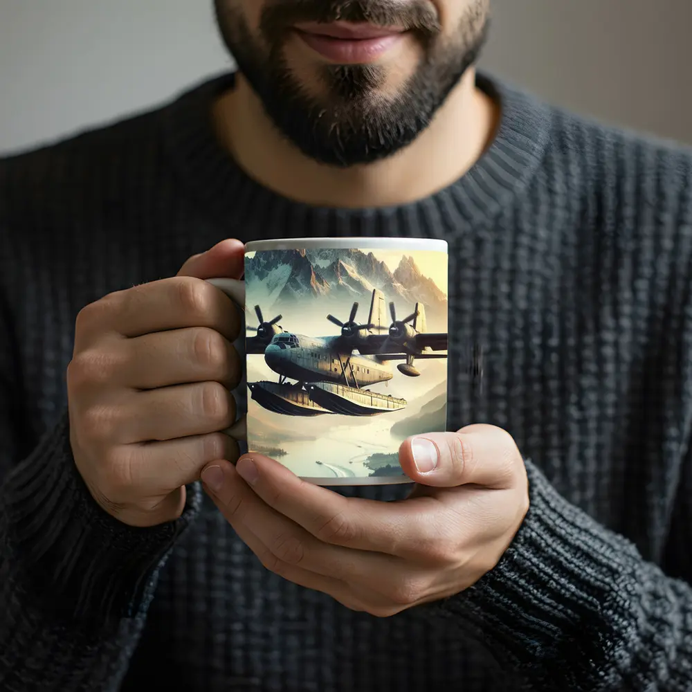 Flying Boat Seaplane Over Mountain Lake – Mugs