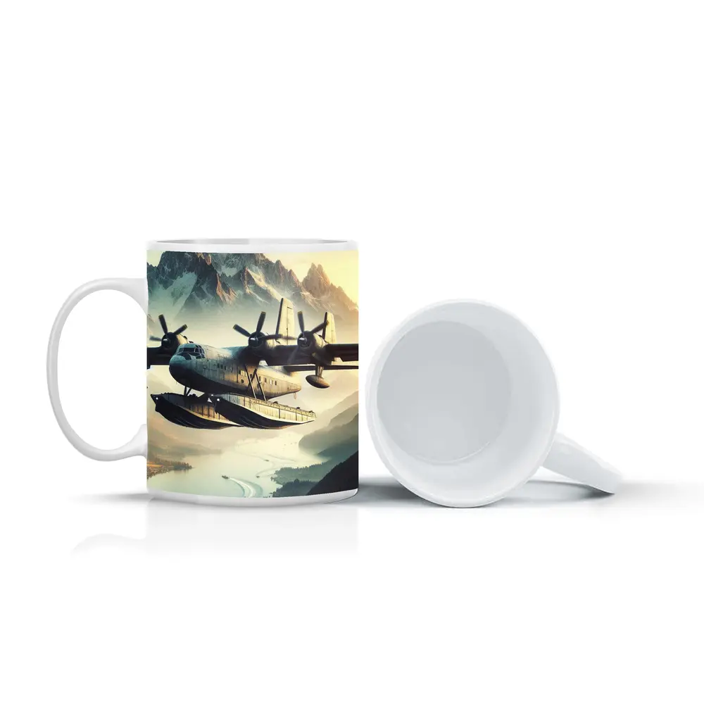 Flying Boat Seaplane Over Mountain Lake – Mugs