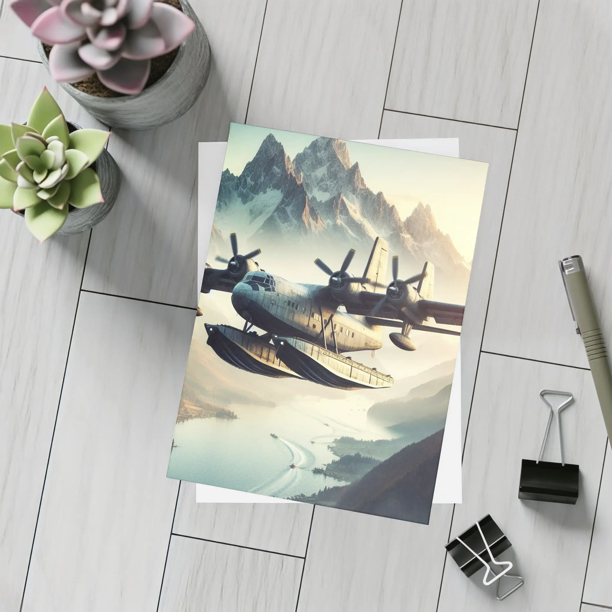 Flying Boat Seaplane Over Mountain Lake – Postcards