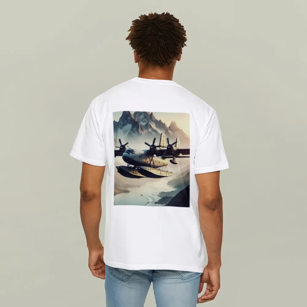 Flying Boat Seaplane Over Mountain Lake – T-Shirts