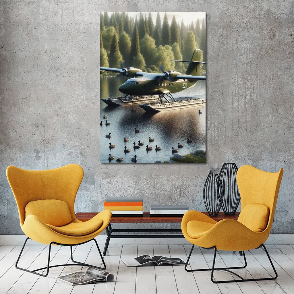Military Floatplane Landing On Calm Forest Lake – Wall Art