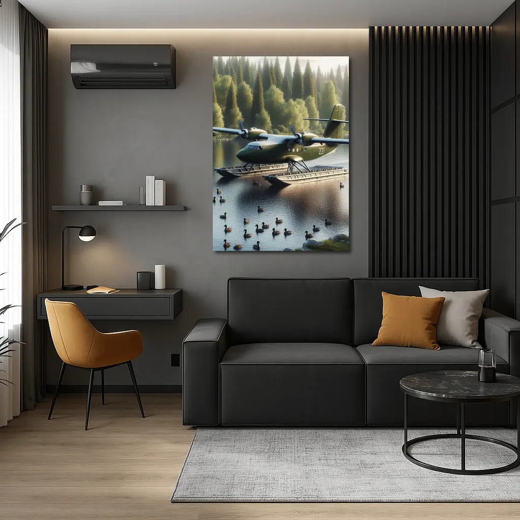 Military Floatplane Landing On Calm Forest Lake – Wall Art