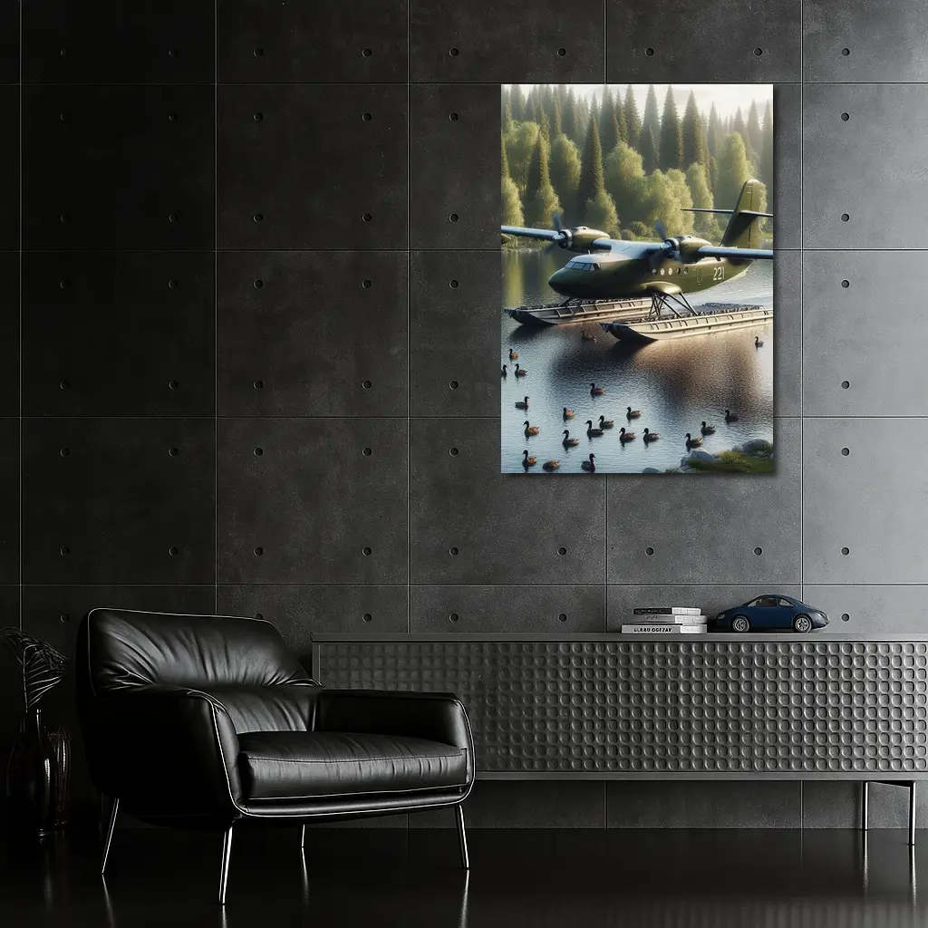 Military Floatplane Landing On Calm Forest Lake – Wall Art
