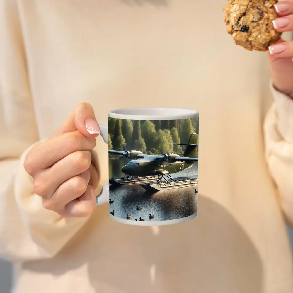 Military Floatplane Landing On Calm Forest Lake – Mugs