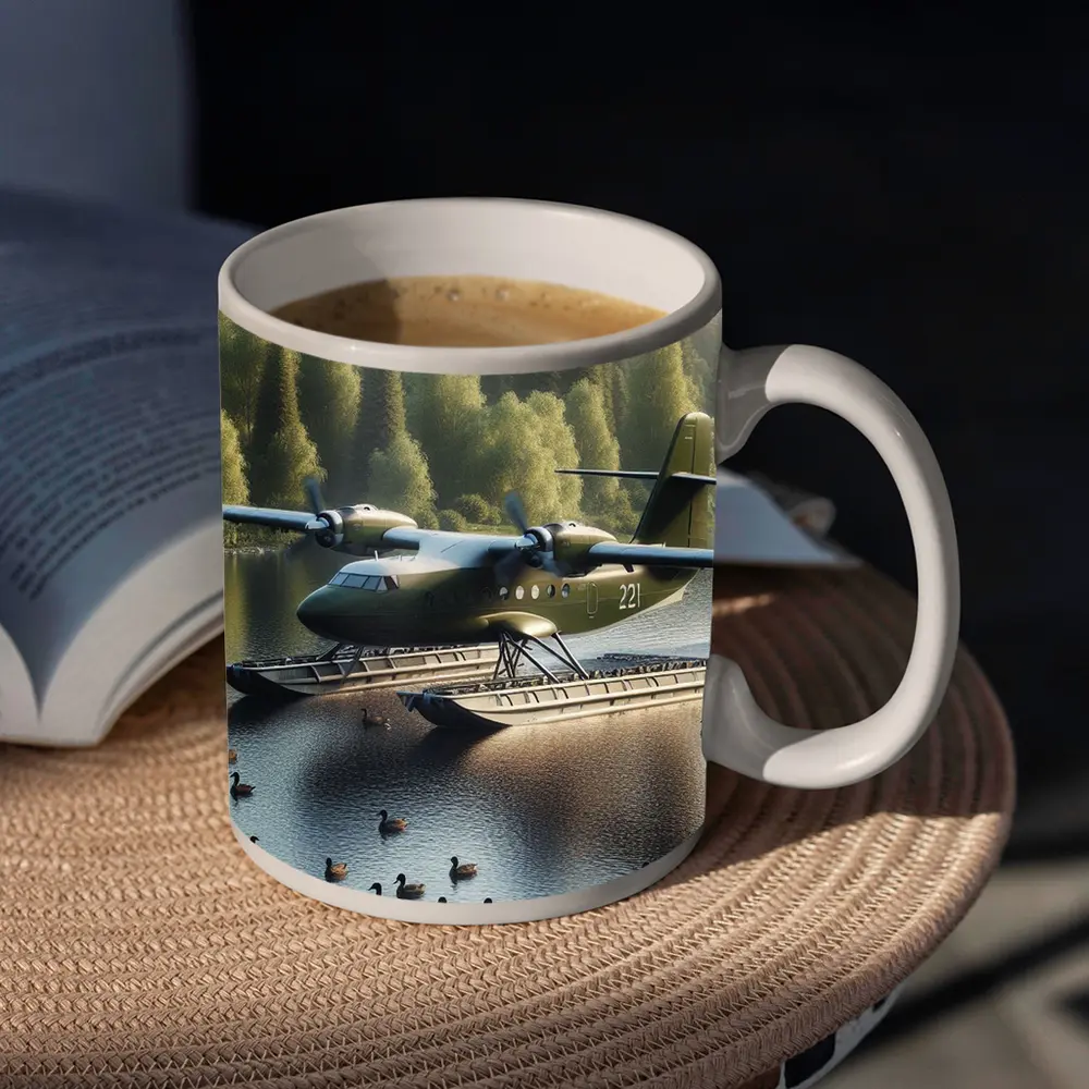 Military Floatplane Landing On Calm Forest Lake – Mugs