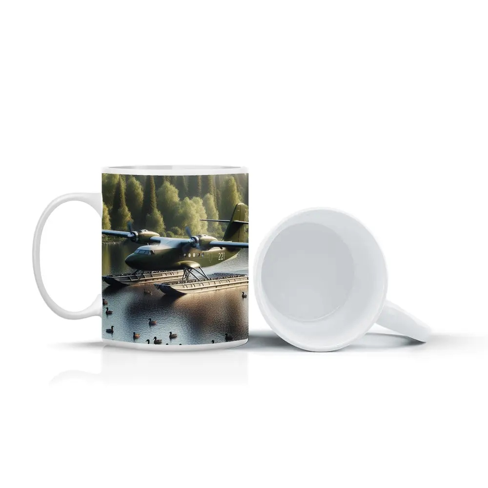 Military Floatplane Landing On Calm Forest Lake – Mugs