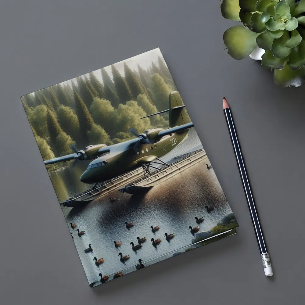 Military Floatplane Landing On Calm Forest Lake – Notebooks