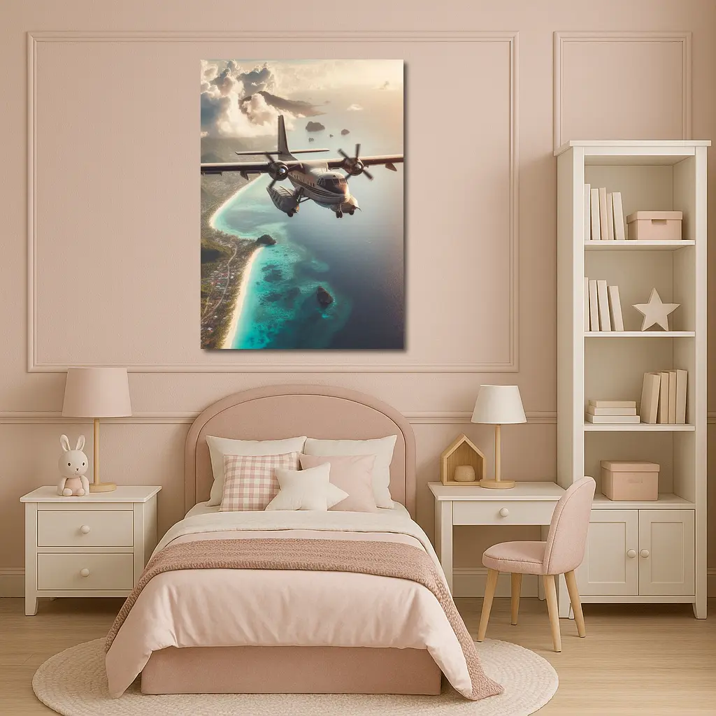 Propeller Plane Flying Over Tropical Island – Wall Art