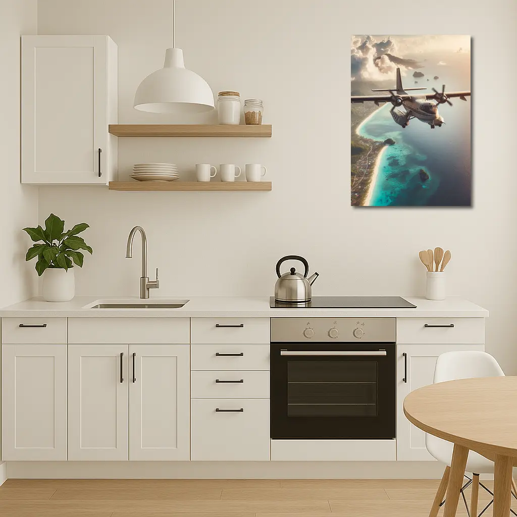 Propeller Plane Flying Over Tropical Island – Wall Art