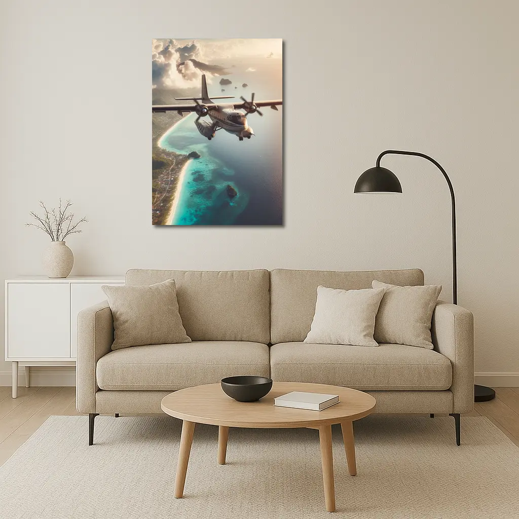 Propeller Plane Flying Over Tropical Island – Wall Art
