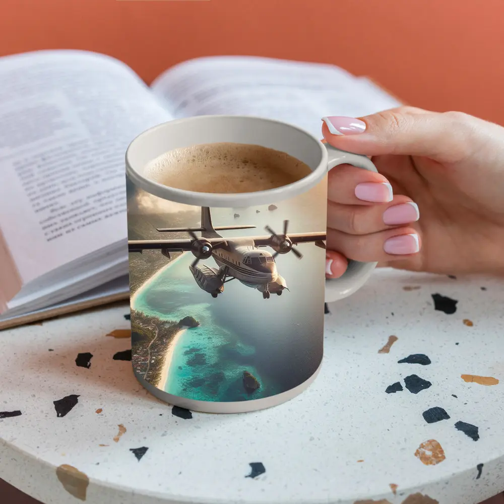 Propeller Plane Flying Over Tropical Island – Mugs