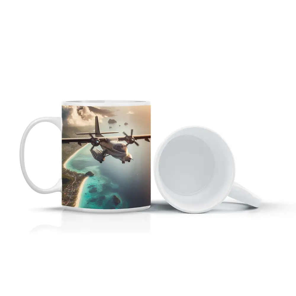 Propeller Plane Flying Over Tropical Island – Mugs
