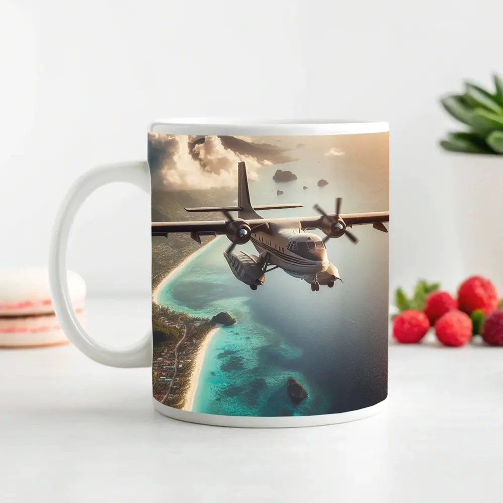 Propeller Plane Flying Over Tropical Island – Mugs