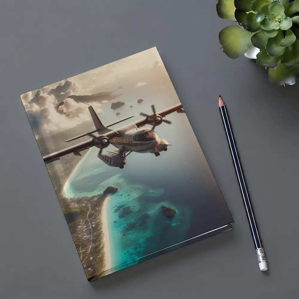 Propeller Plane Flying Over Tropical Island – Notebooks