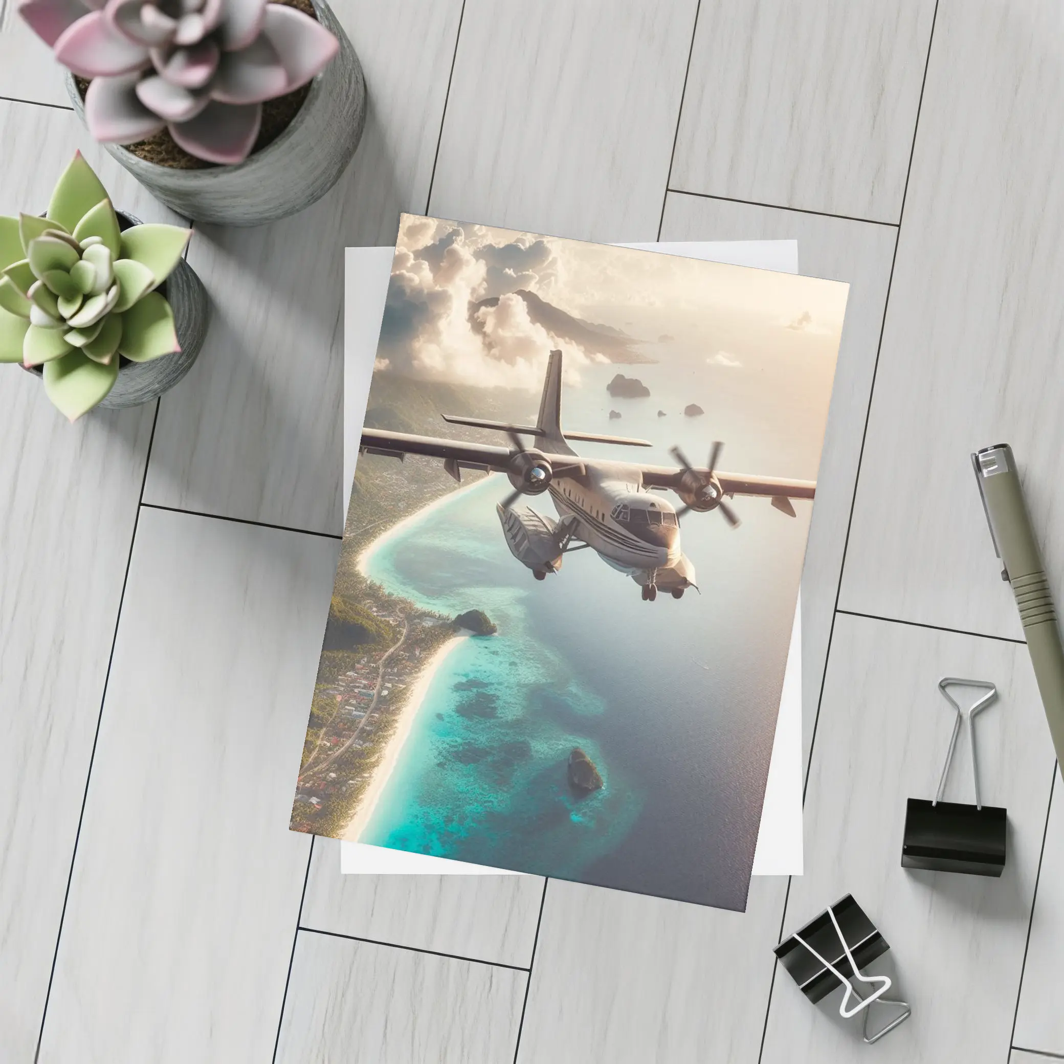 Propeller Plane Flying Over Tropical Island – Postcards