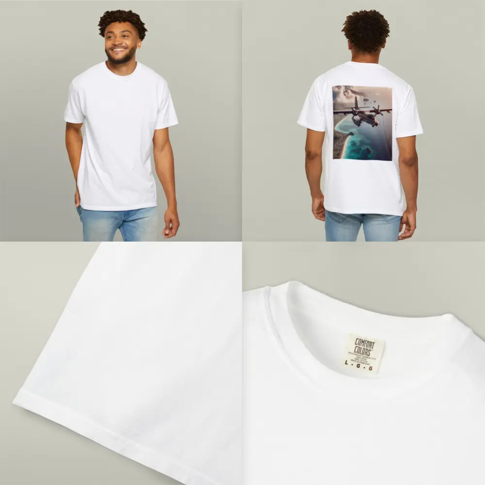 Propeller Plane Flying Over Tropical Island – T-Shirts