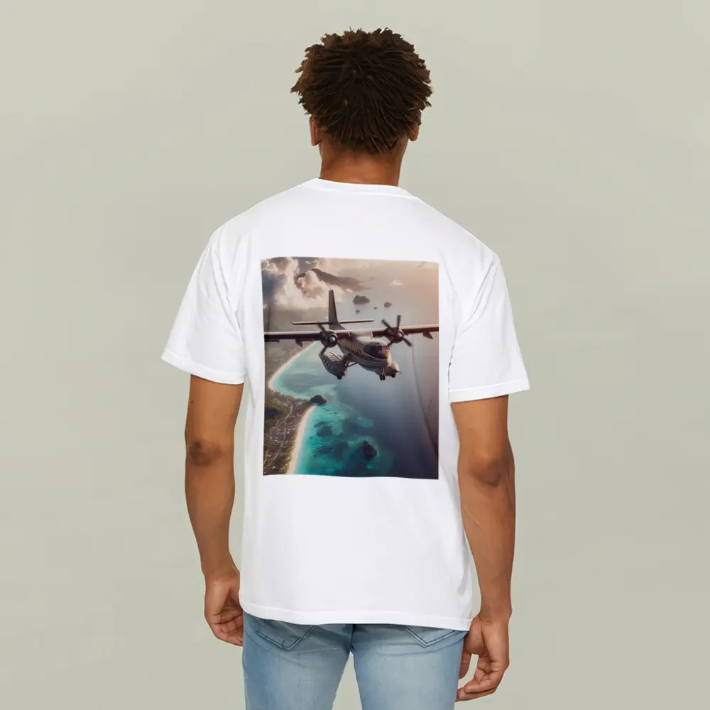 Propeller Plane Flying Over Tropical Island – T-Shirts