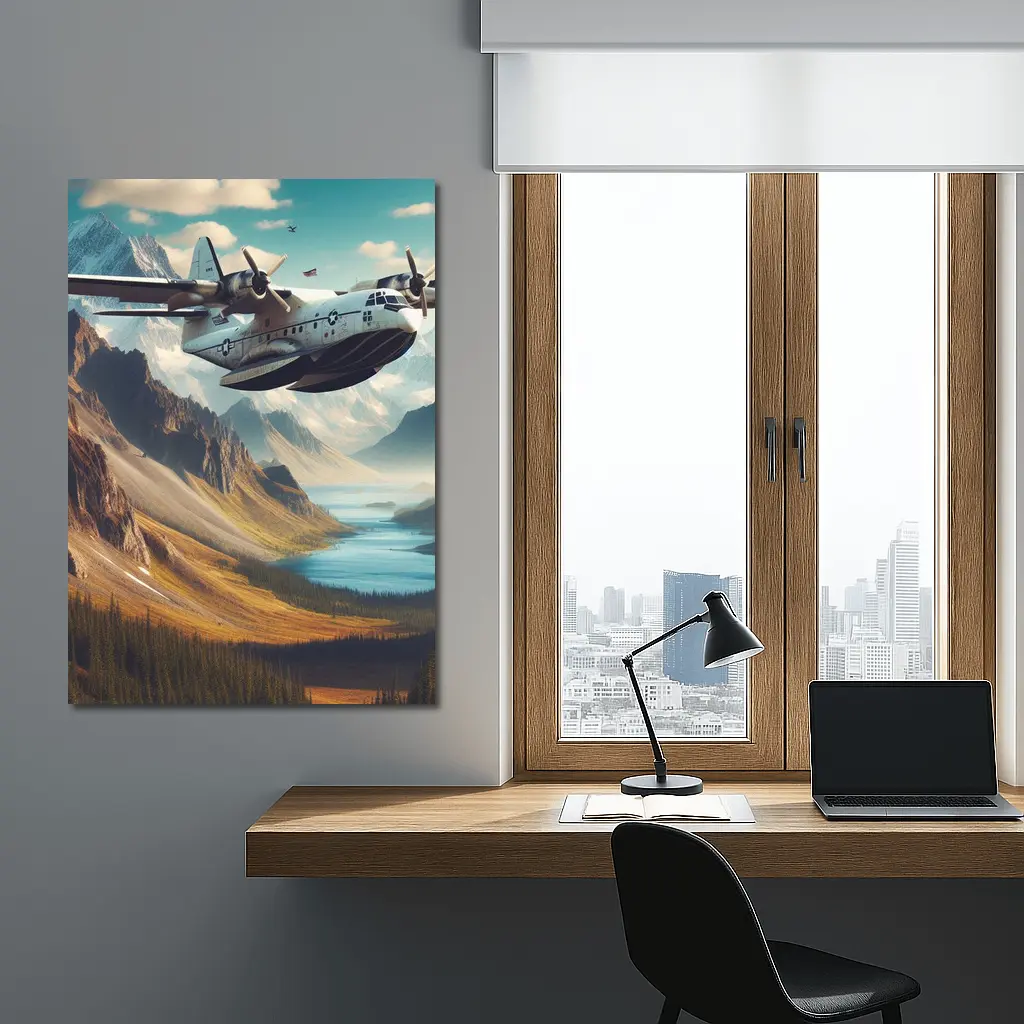 Military Seaplane Flying Over Mountain Valley – Wall Art
