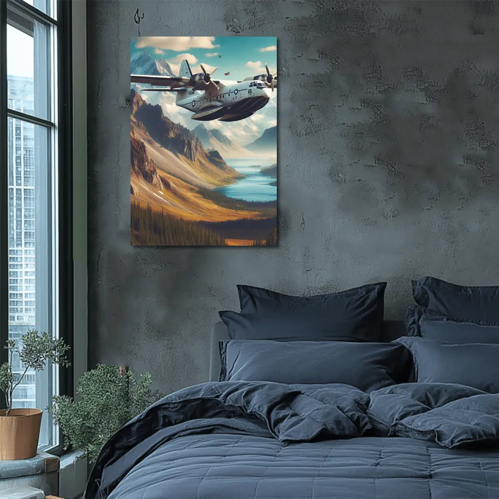 Military Seaplane Flying Over Mountain Valley – Wall Art