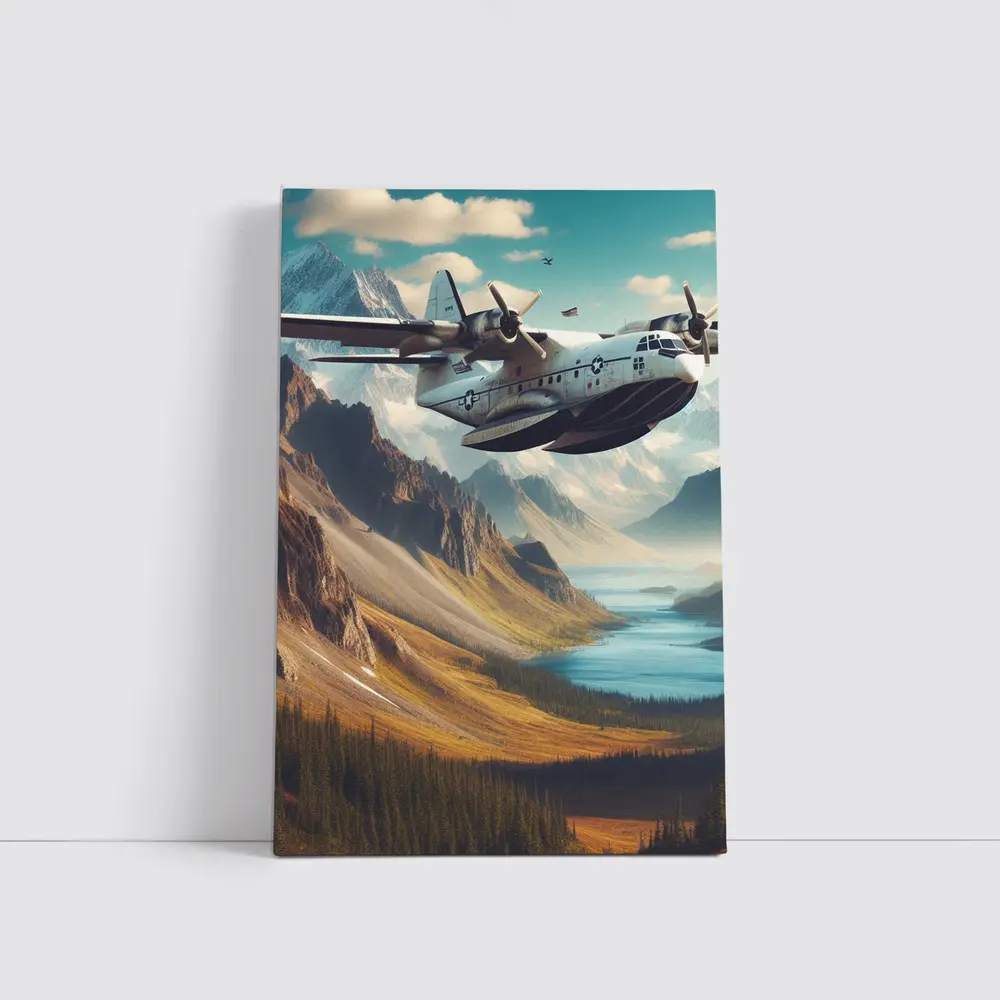 Military Seaplane Flying Over Mountain Valley – Wall Art