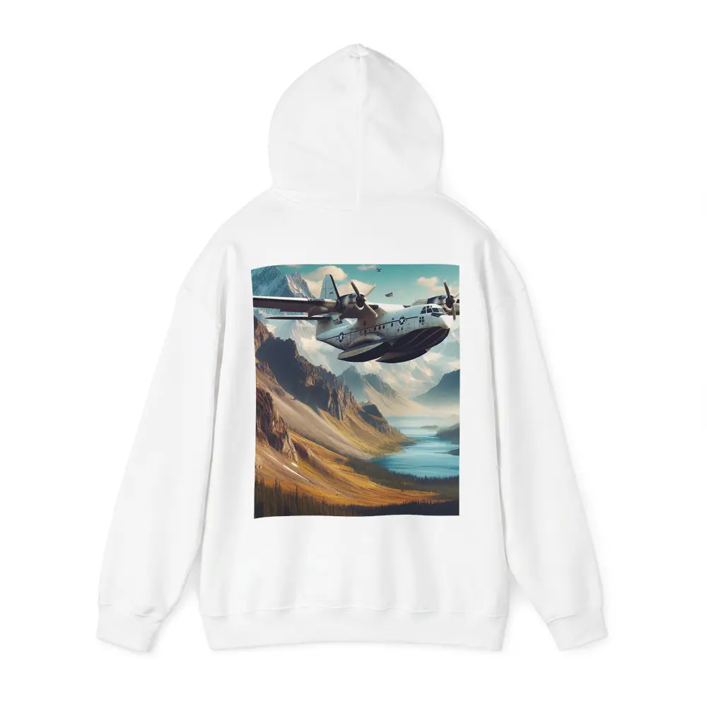 Military Seaplane Flying Over Mountain Valley – Hoodies