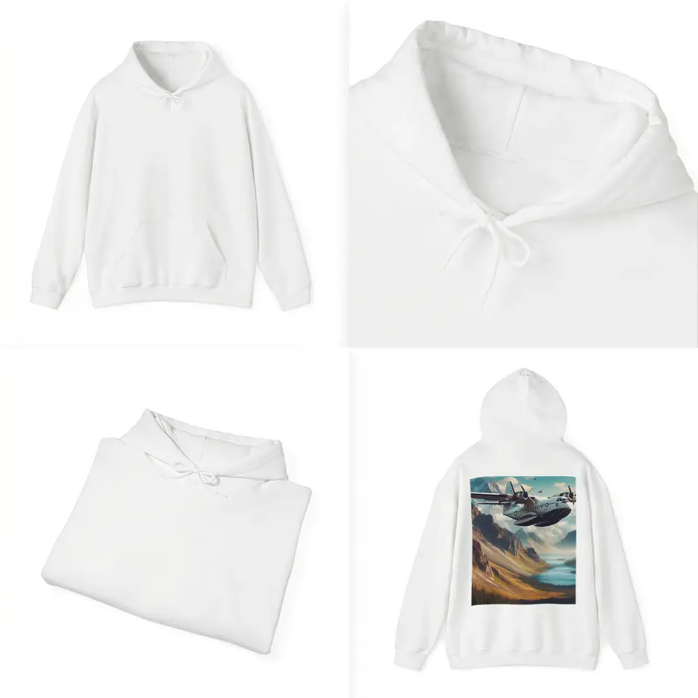 Military Seaplane Flying Over Mountain Valley – Hoodies