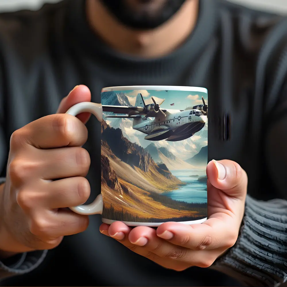 Military Seaplane Flying Over Mountain Valley – Mugs
