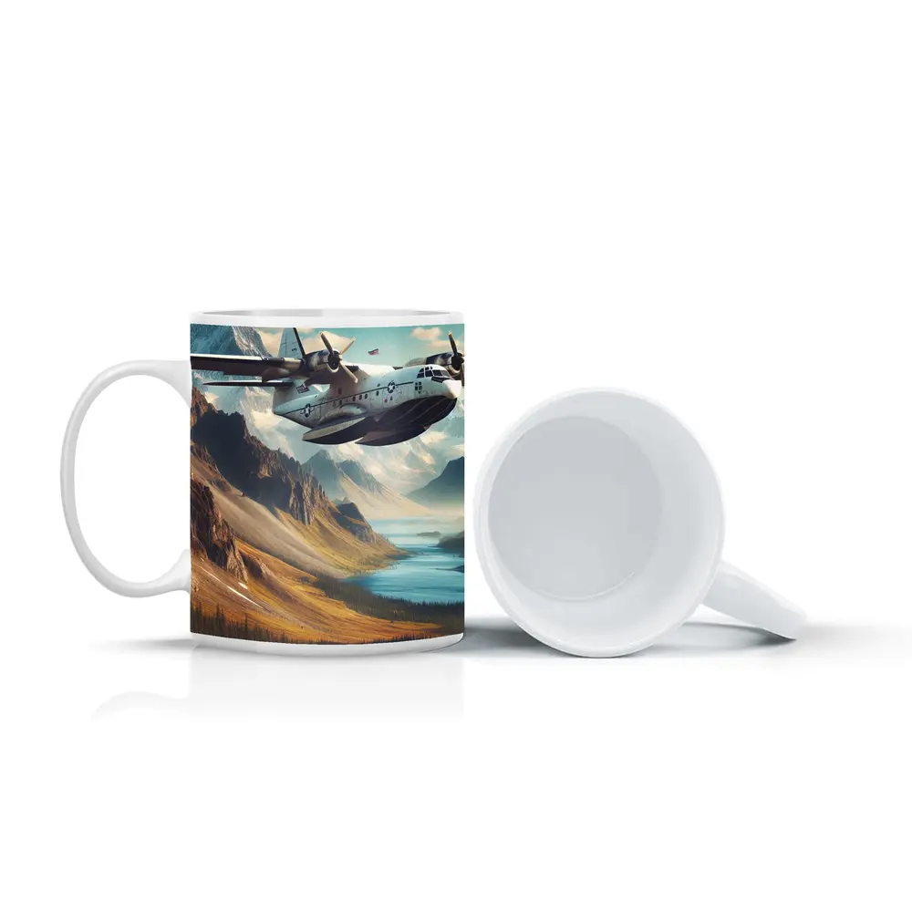 Military Seaplane Flying Over Mountain Valley – Mugs