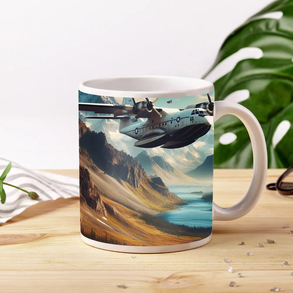 Military Seaplane Flying Over Mountain Valley – Mugs