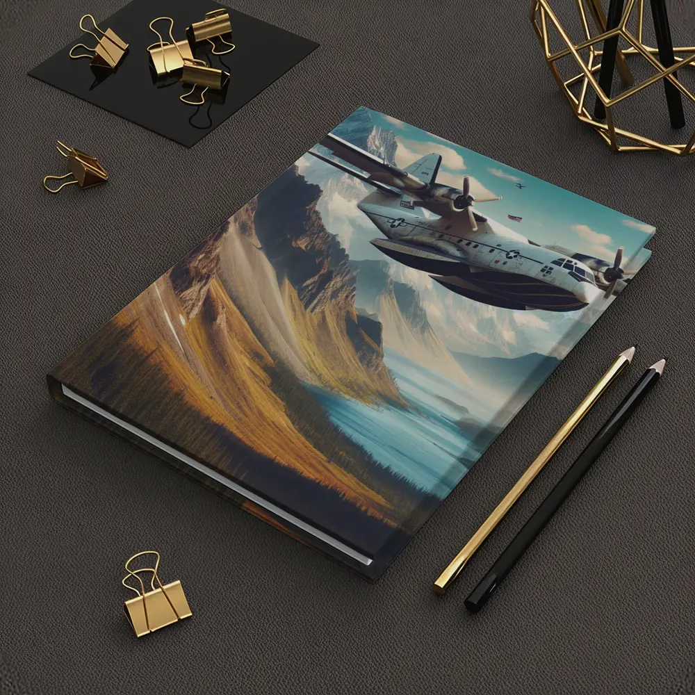 Military Seaplane Flying Over Mountain Valley – Notebooks