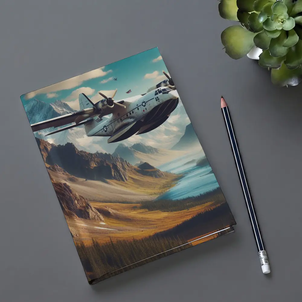 Military Seaplane Flying Over Mountain Valley – Notebooks