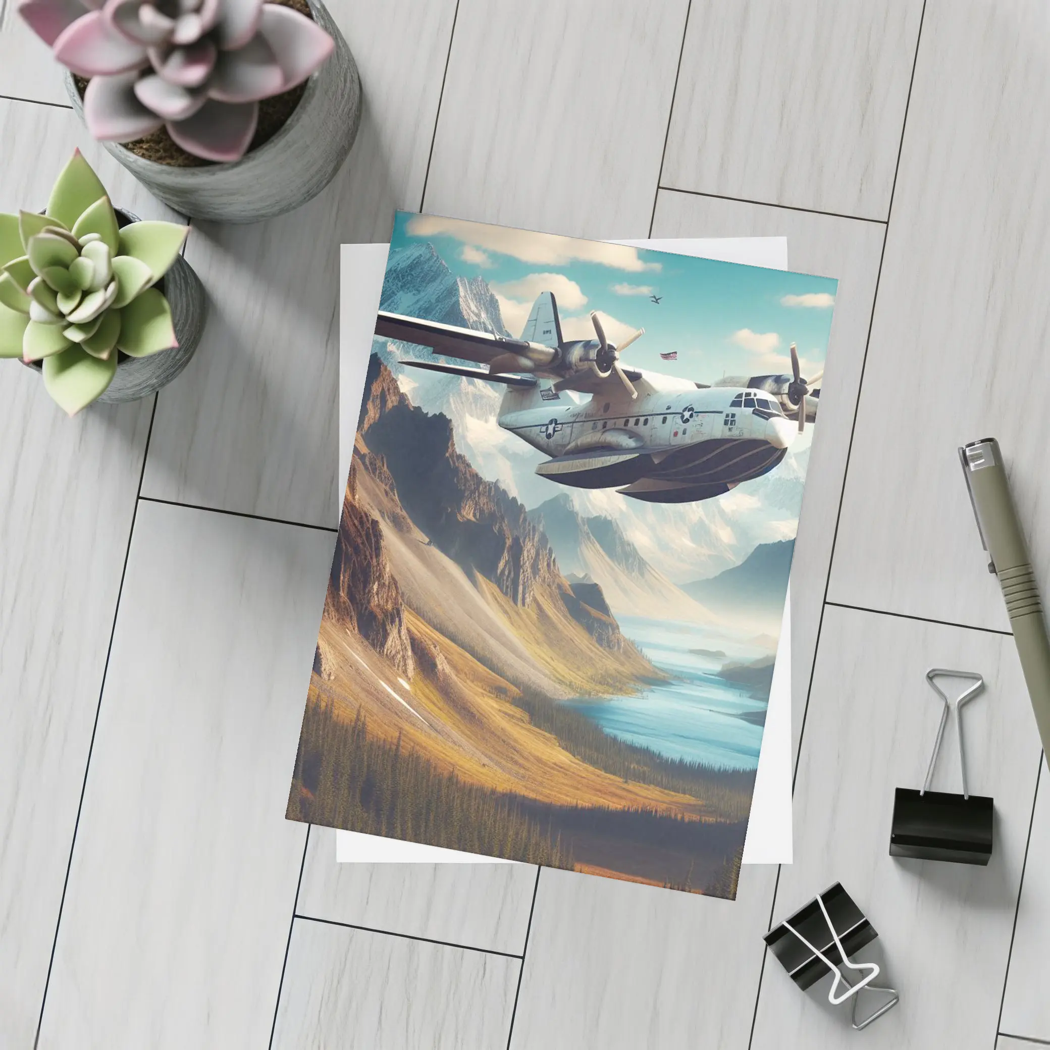 Military Seaplane Flying Over Mountain Valley – Postcards