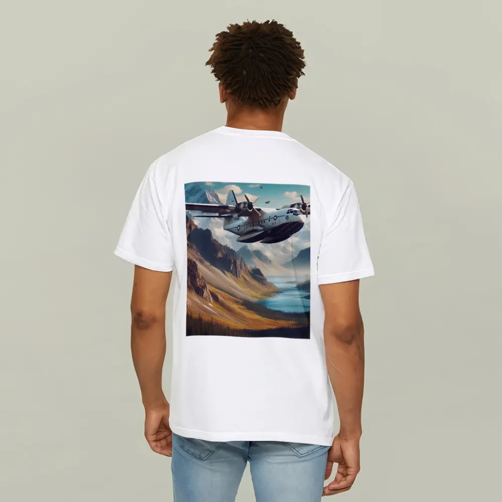 Military Seaplane Flying Over Mountain Valley – T-Shirts