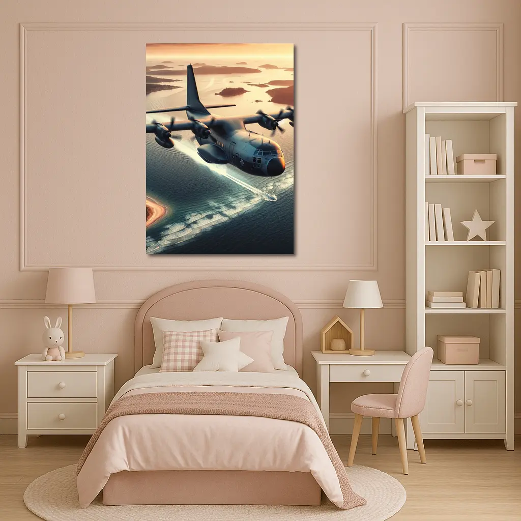Military Cargo Plane Flying Over Coastal Islands – Wall Art