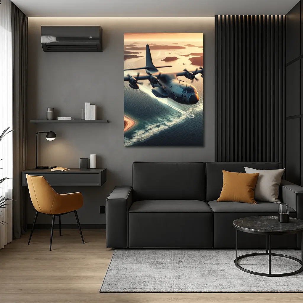 Military Cargo Plane Flying Over Coastal Islands – Wall Art