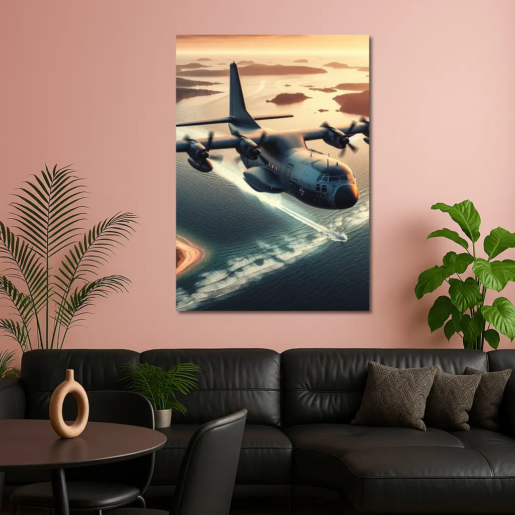 Military Cargo Plane Flying Over Coastal Islands – Wall Art