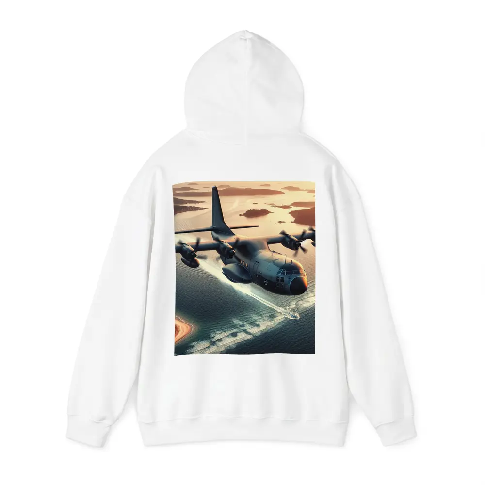 Military Cargo Plane Flying Over Coastal Islands – Hoodies