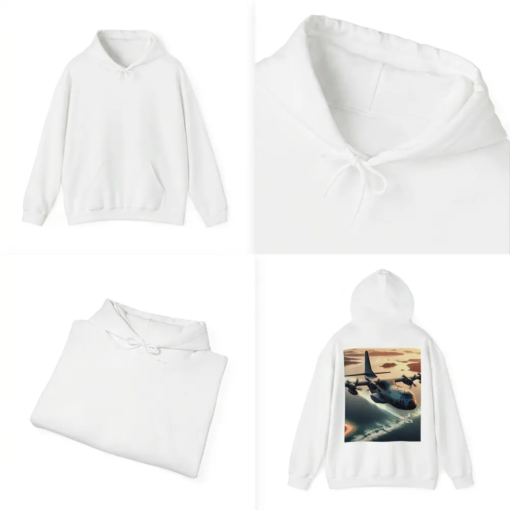 Military Cargo Plane Flying Over Coastal Islands – Hoodies
