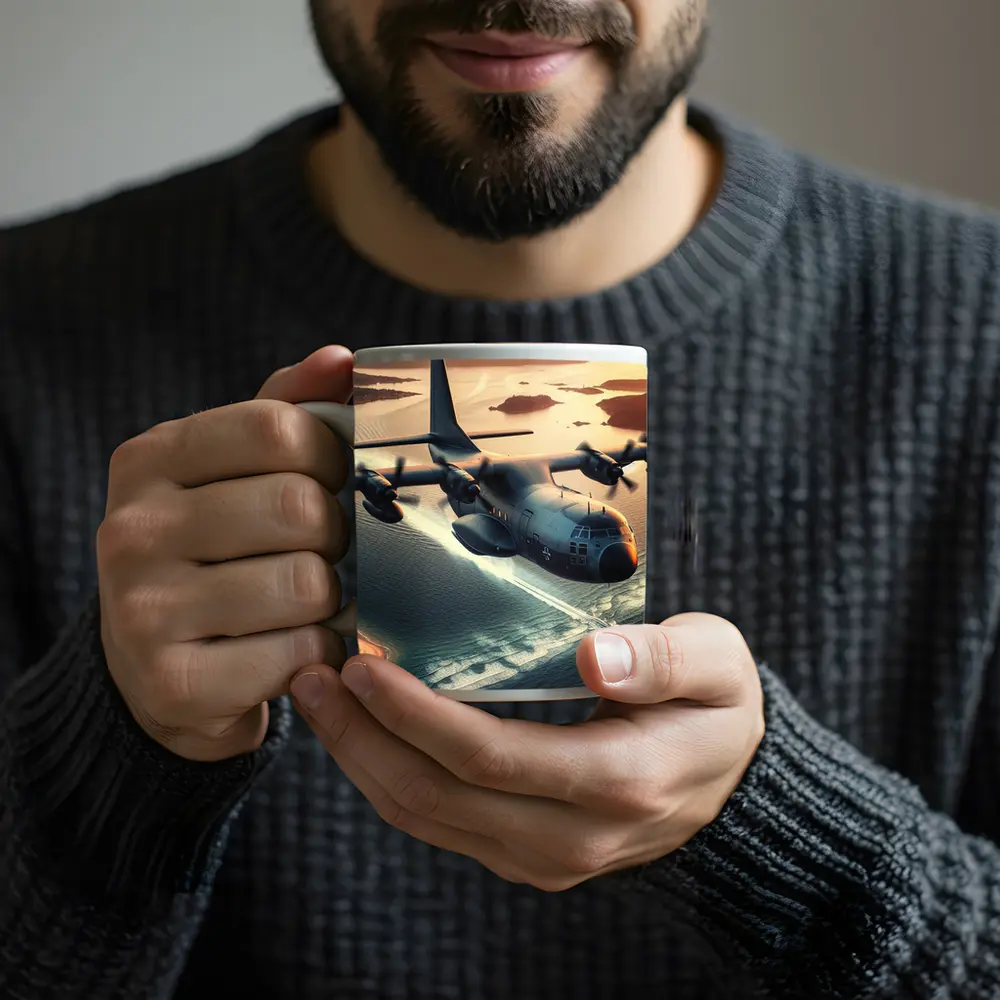 Military Cargo Plane Flying Over Coastal Islands – Mugs
