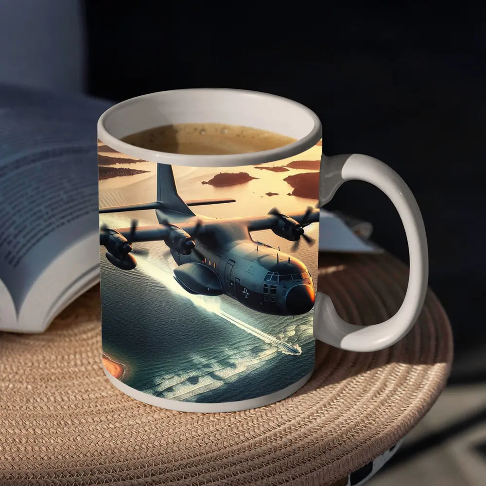 Military Cargo Plane Flying Over Coastal Islands – Mugs