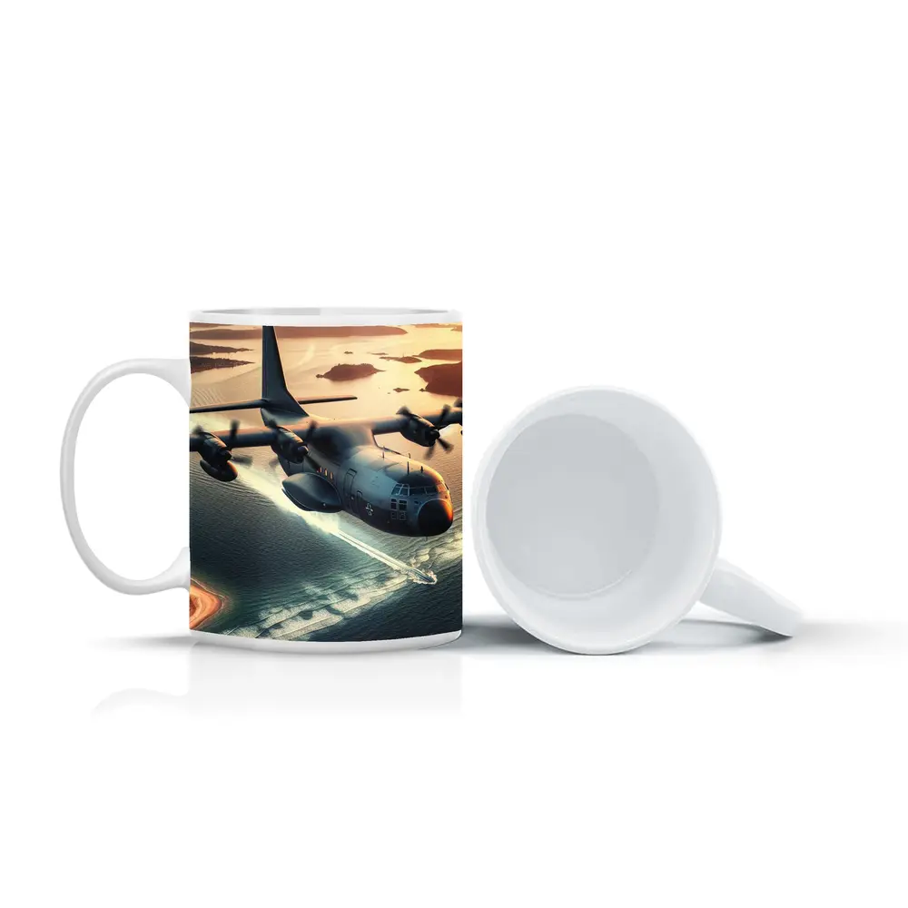 Military Cargo Plane Flying Over Coastal Islands – Mugs