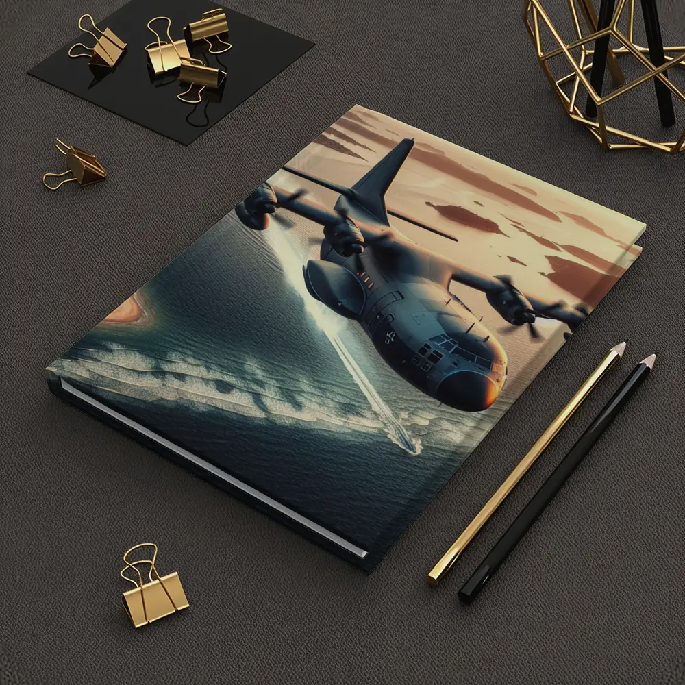 Military Cargo Plane Flying Over Coastal Islands – Notebooks