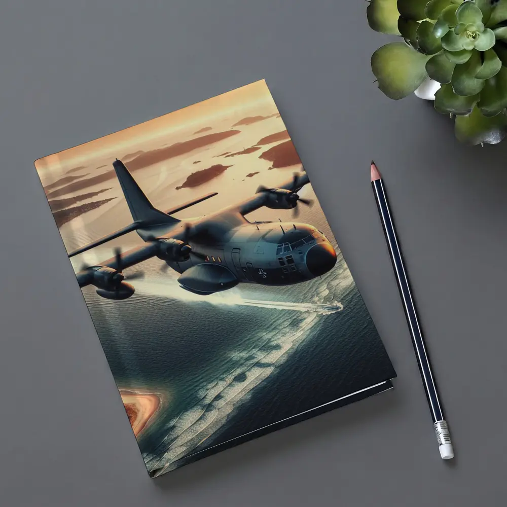 Military Cargo Plane Flying Over Coastal Islands – Notebooks