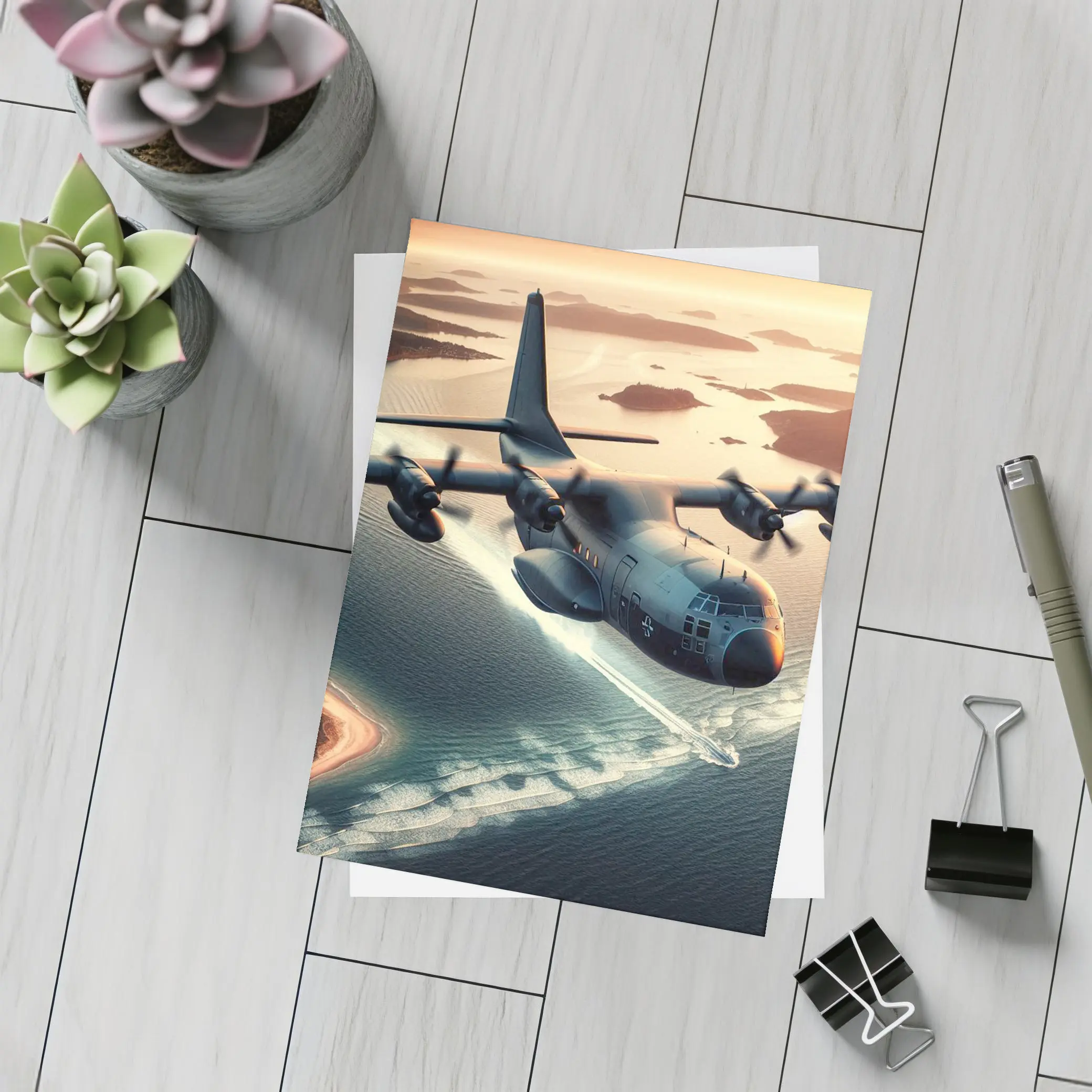 Military Cargo Plane Flying Over Coastal Islands – Postcards